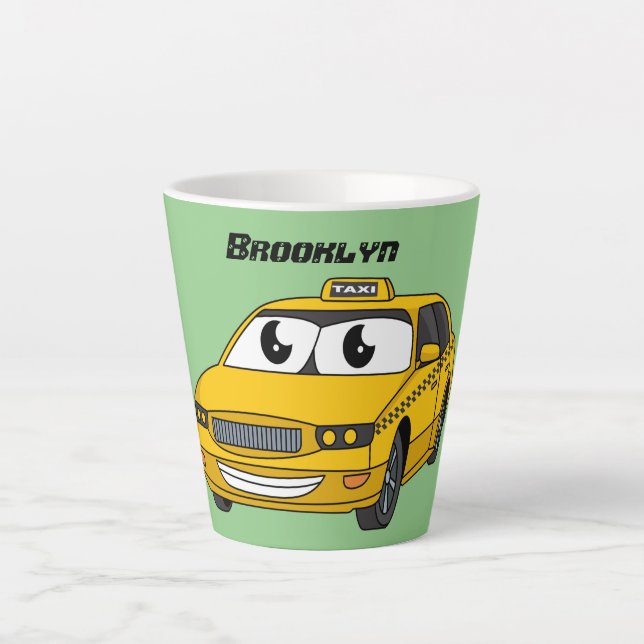 Cute yellow taxi fun cartoon illustration latte mug (Front)