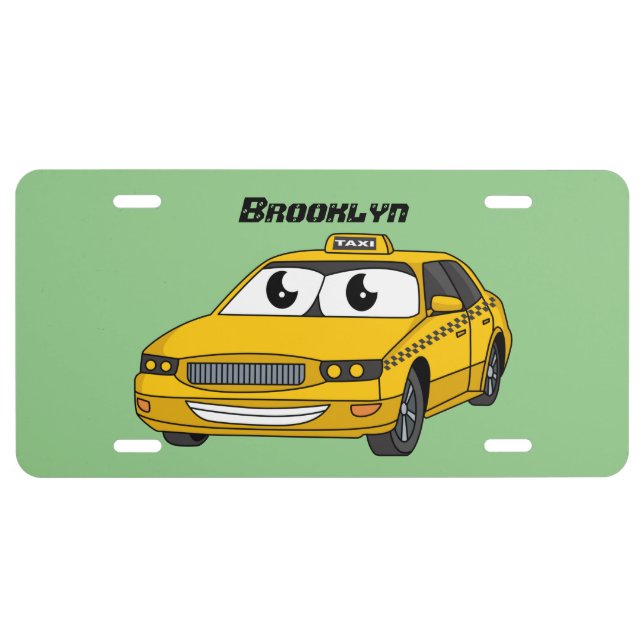 Cute yellow taxi fun cartoon illustration license plate (Front)
