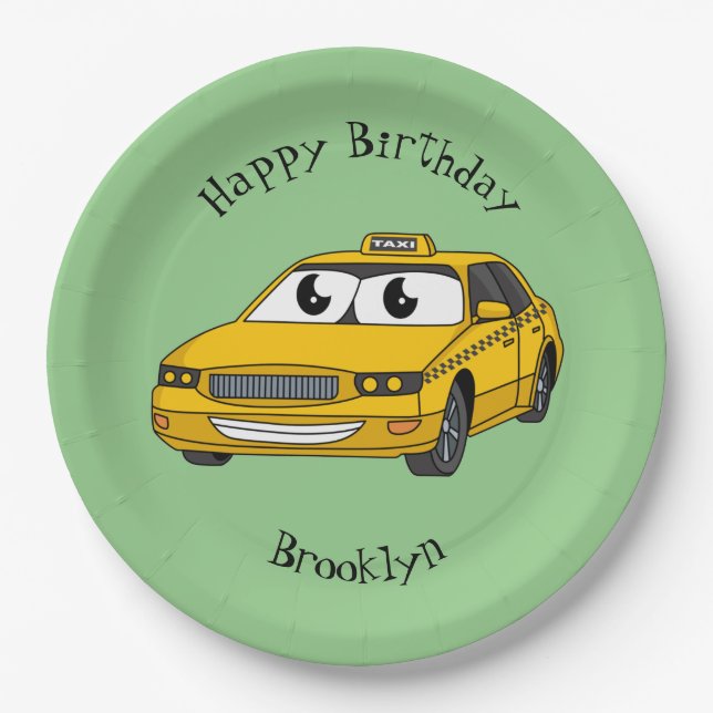 Cute yellow taxi fun cartoon illustration paper plates (Front)