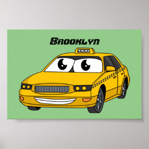 Cute yellow taxi fun cartoon illustration poster