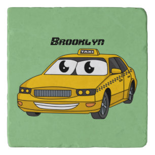 Cute yellow taxi fun cartoon illustration trivet