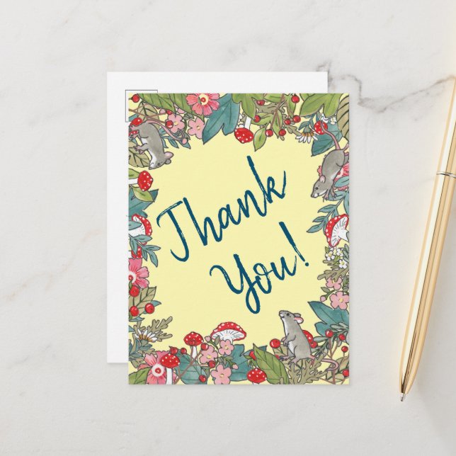 Cute Yellow Thank You Mice Mouse Woodland Postcard (Front/Back In Situ)