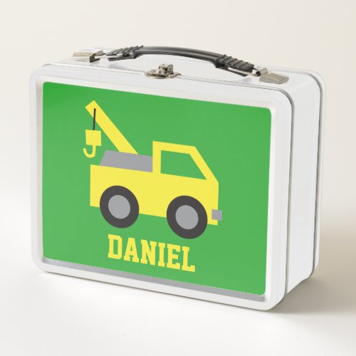 Cute Yellow Tow Truck Vehicle Kids Personalized Lu Metal Lunch Box