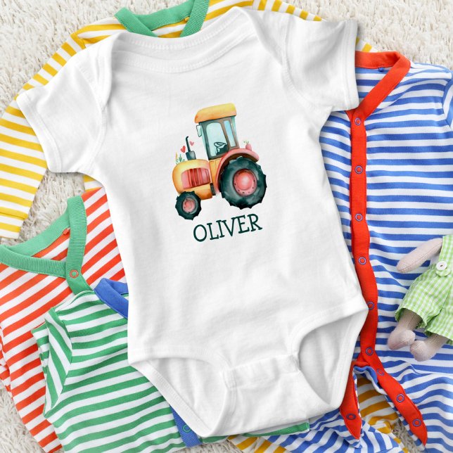 Cute Yellow Tractor Personalized Watercolor Baby Bodysuit (Creator Uploaded)