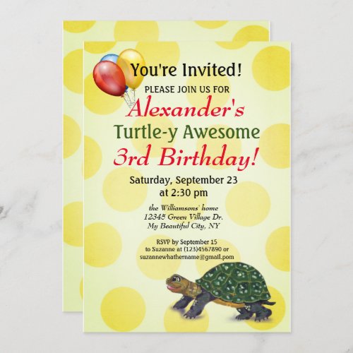 Cute Yellow Turtle Balloon Polka Dot Kids Birthday Invitation