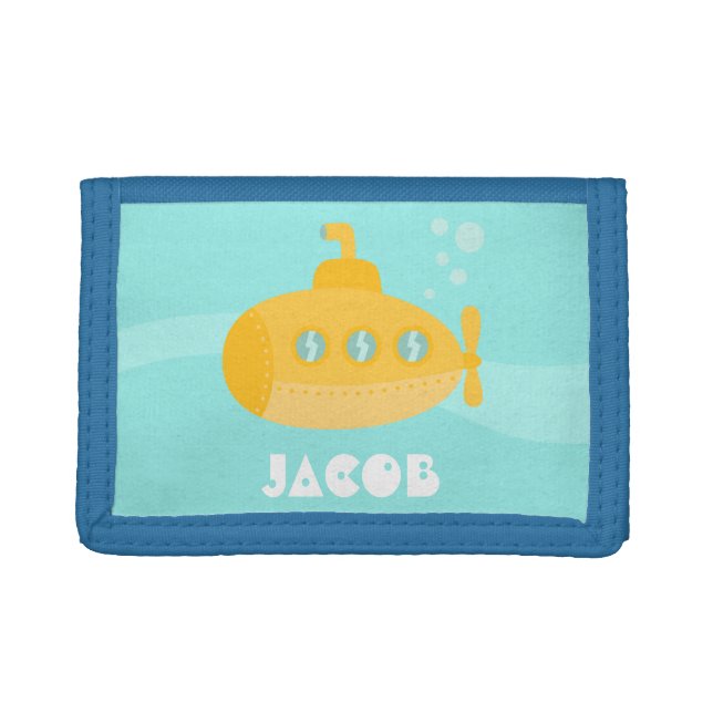 Cute Yellow Underwater Submarine Kids Personalized Tri-fold Wallet (Front)
