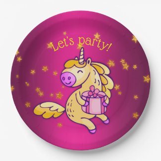 Cute Yellow Unicorn Birthday Pink Paper Plate