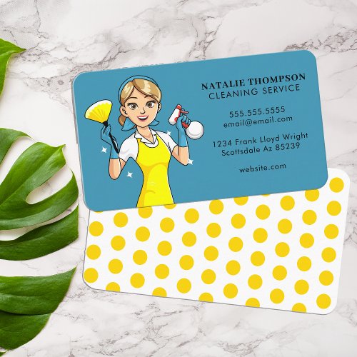 Cute Yellow Vintage Housekeeping Cleaning Service Business Card