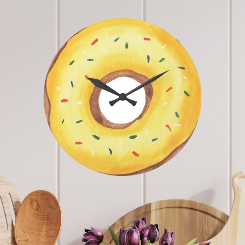 Cute Yellow Watercolor Donut Large Clock