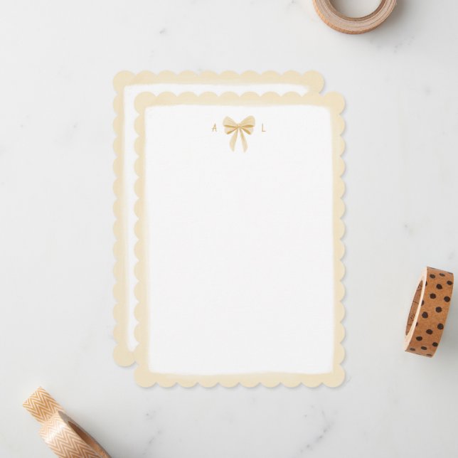 Cute Yellow Watercolour Bow + Border Personalized Note Card (Front/Back In Situ)