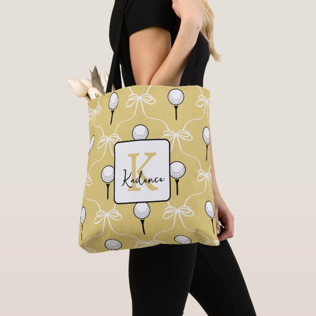 Cute Yellow White Bow Golf Pattern Monogram  Tote Bag (Close Up)