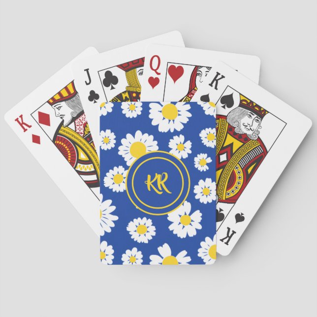 Cute Yellow White Daisy Pattern Monogram Poker Cards (Back)