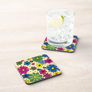 Cute Yellow with Colorful Flowers Cork Coaster