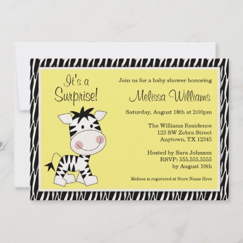 Cute Yellow Zebra Gender Neutral Baby Shower Personalized Invitation