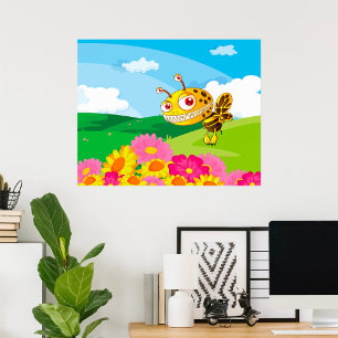 Cute Yet Creepy Monster Bee in a Flower Field Poster