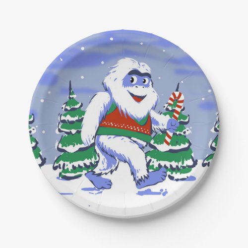 Cute yeti christmas in forest paper plates