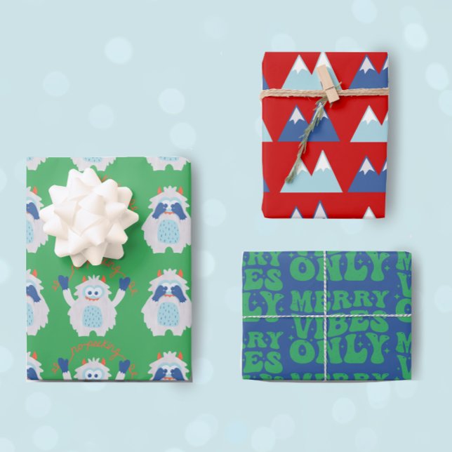 Cute Yeti Retro Christmas Patterns Kids Wrapping Paper Sheets (Creator Uploaded)