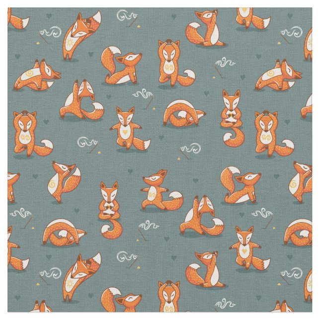 cute yoga foxes funny green fabric (Close Up)