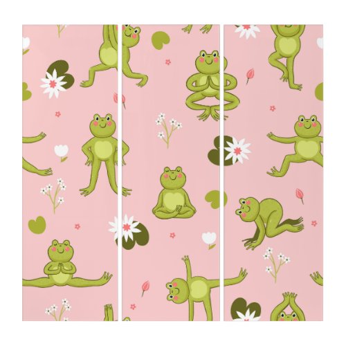 cute yoga frogs funny pink  triptych