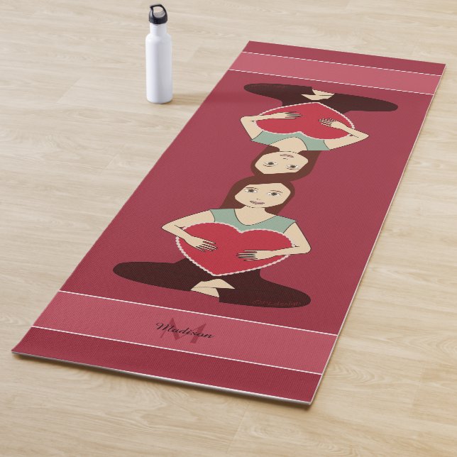 Cute Yoga Girl holding Red heart Monogram Yoga Mat (In Situ)