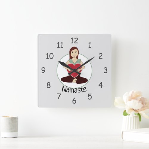 Cute Yoga Girl holding Red heart Namaste Square Wall Clock