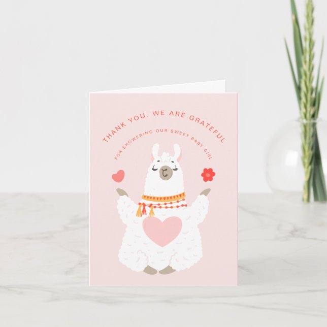 Cute Yoga Llama Girl Baby Shower Thank You Card (Front)