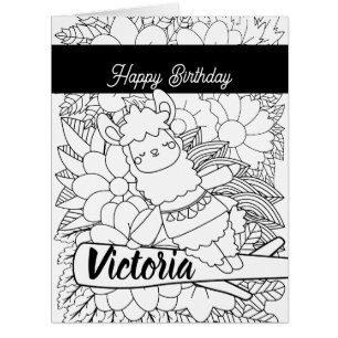 Cute Yoga Lllama Birthday Floral Coloring Cards