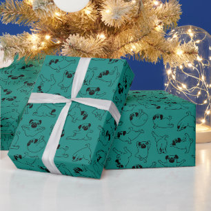 cute yoga pet dog pattern turquoise background wrapping paper