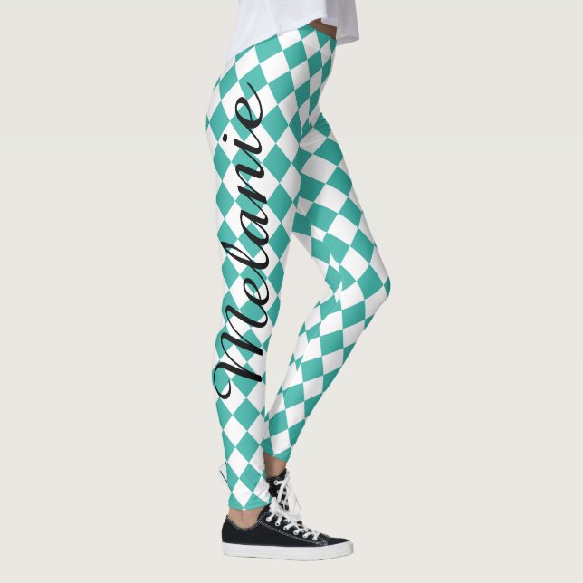 Cute Yoga Teal and White Diamond Pattern Leggings (Right)