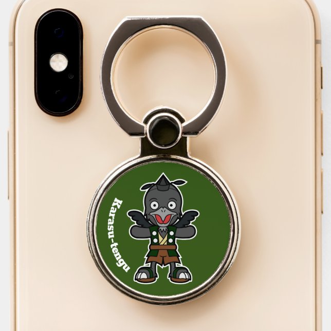 Cute Yokai Karasu Tengu | Japanese Folklore Phone Ring Stand (Close Up)