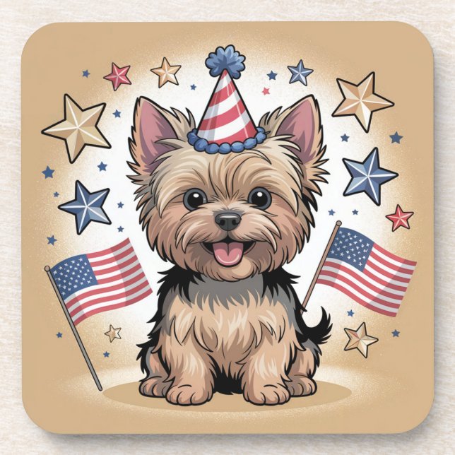 Cute Yorkie Celebrating Independence Day Beverage Coaster (Front)