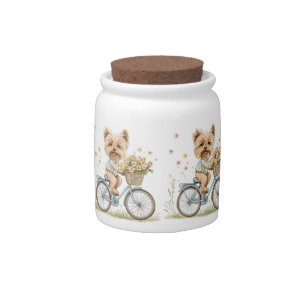 Cute Yorkie Dog Biking Spring Flowers Candy Jar