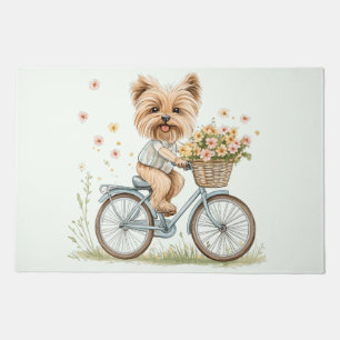 Cute Yorkie Dog Biking Spring Flowers Doormat
