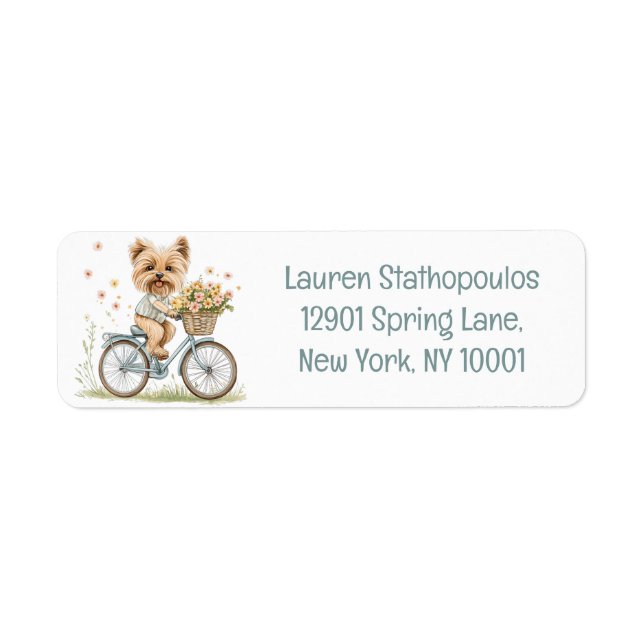 Cute Yorkie Dog Biking Spring Flowers Label (Front)