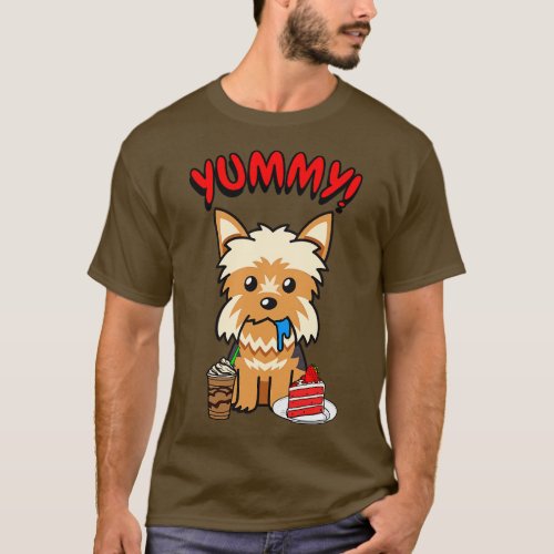 Cute yorkie dog is having coffee and cake T_Shirt