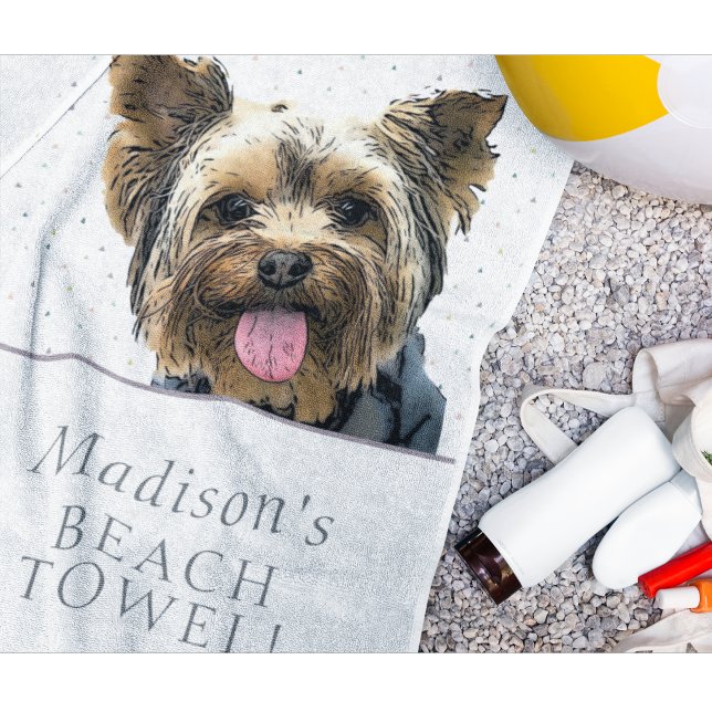 Cute Yorkie Dog Pet Animal Name Pattern Beach Towel (Cute yorkie beach towel that can be personalized with any name.)
