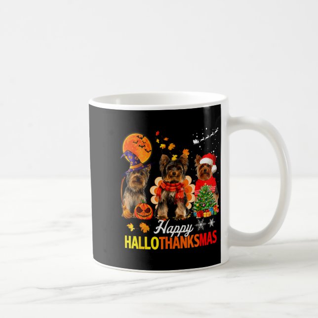 Cute Yorkie Happy Hallothanksmas Halloween Thanksg Coffee Mug (Right)