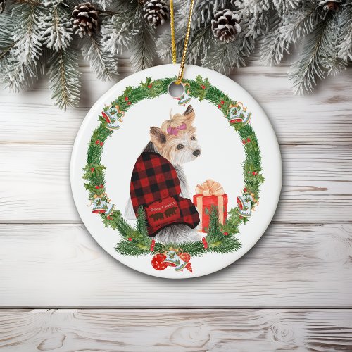 Cute Yorkie in Christmas Wreath Ceramic Ornament