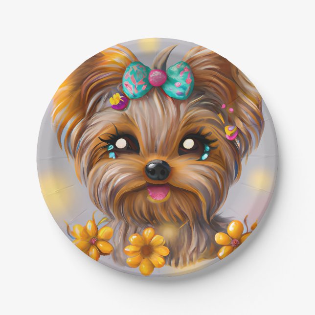 Cute Yorkie Kawaii Puppy  Paper Plates (Front)