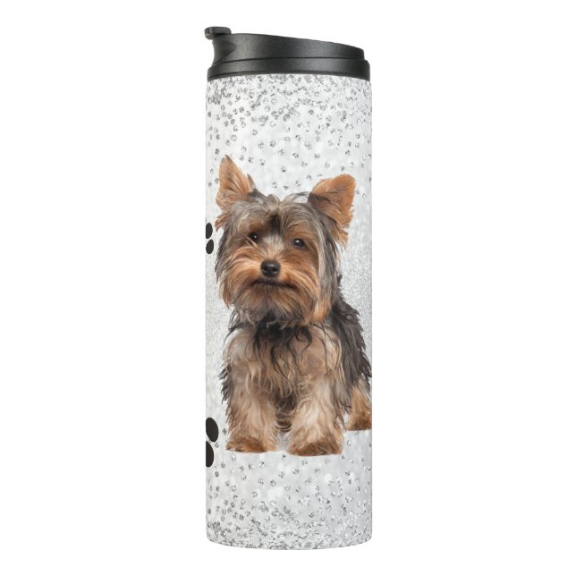 Cute Yorkie Mom Design With Paw Prints on Glitter  Thermal Tumbler (Rotated Right)