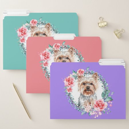 Cute Yorkie Pet Dog Watercolor Face Rose Wreath File Folder