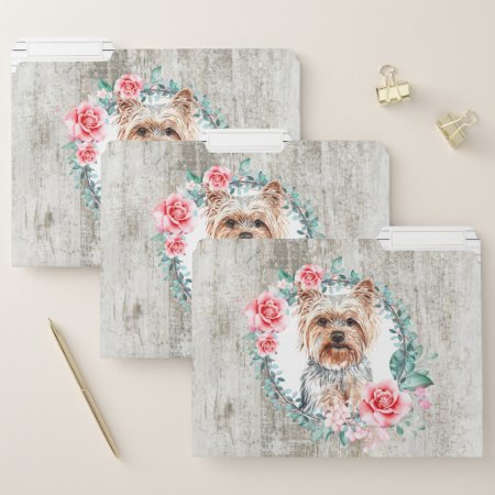 Cute Yorkie Pet Dog Watercolor Face Rustic Wood File Folder