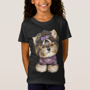 Yorkshire Terrier Face With Pink Bow Ladies Short Long Sleeve White T Shirt 