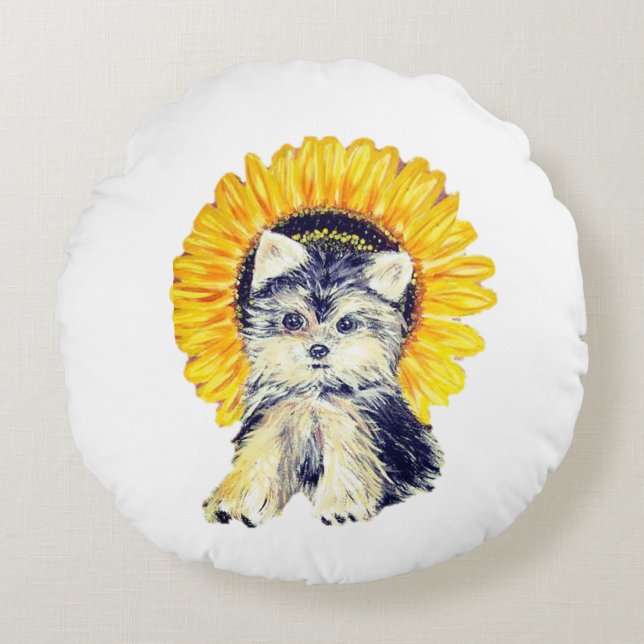 Cute Yorkie Puppy Dog & Sunflower on White Round Pillow (Front)