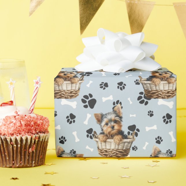 Cute Yorkie Puppy in Basket Paw Print  Wrapping Paper (Birthday Party)