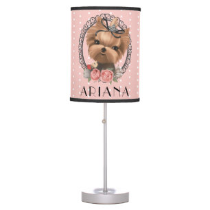 Cute Yorkie Puppy Pink Polka Dot Pattern Girls Table Lamp