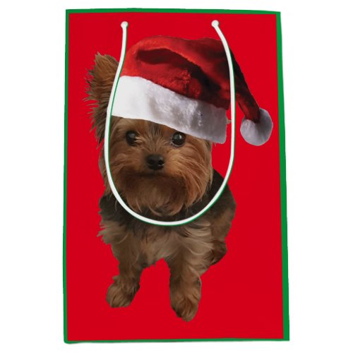 Cute Yorkie Puppy Wearing a Santa Claus Hat Medium Gift Bag