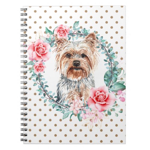 Cute yorkie rose floral wreath polka dot gold chic notebook