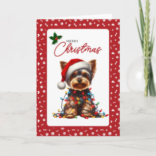 Cute Yorkie Santa Hat & Christmas Lights Folded Holiday Card