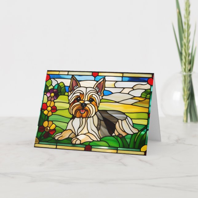 Cute Yorkie Stained Glass Card (Front)